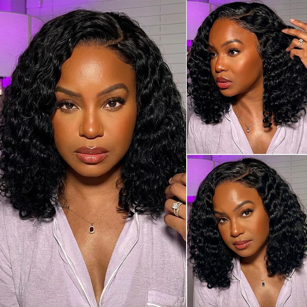 12 Inch 180 Density CurlyBob Wig, 5x5 HD WearAnd Go Glueless DeepWave Human Hair forBlack Women