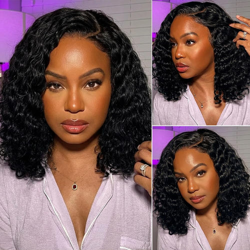 12 Inch 180 Density CurlyBob Wig, 5x5 HD WearAnd Go Glueless DeepWave Human Hair forBlack Women