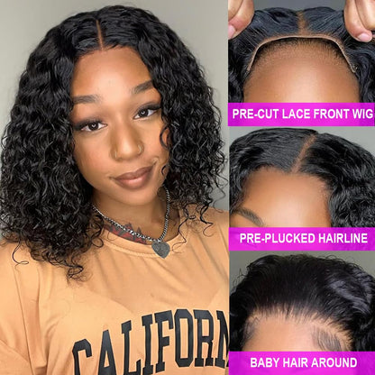 12 Inch 180 Density CurlyBob Wig, 5x5 HD WearAnd Go Glueless DeepWave Human Hair forBlack Women