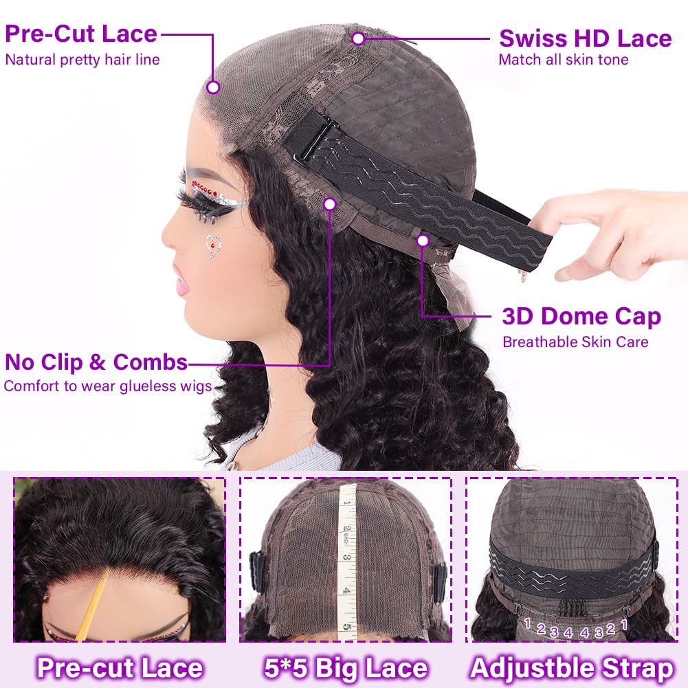 12 Inch Curly Bob Wig 5x5Wear And Go GluelessDeep Wave Human Hair200 Density for BlackWomen