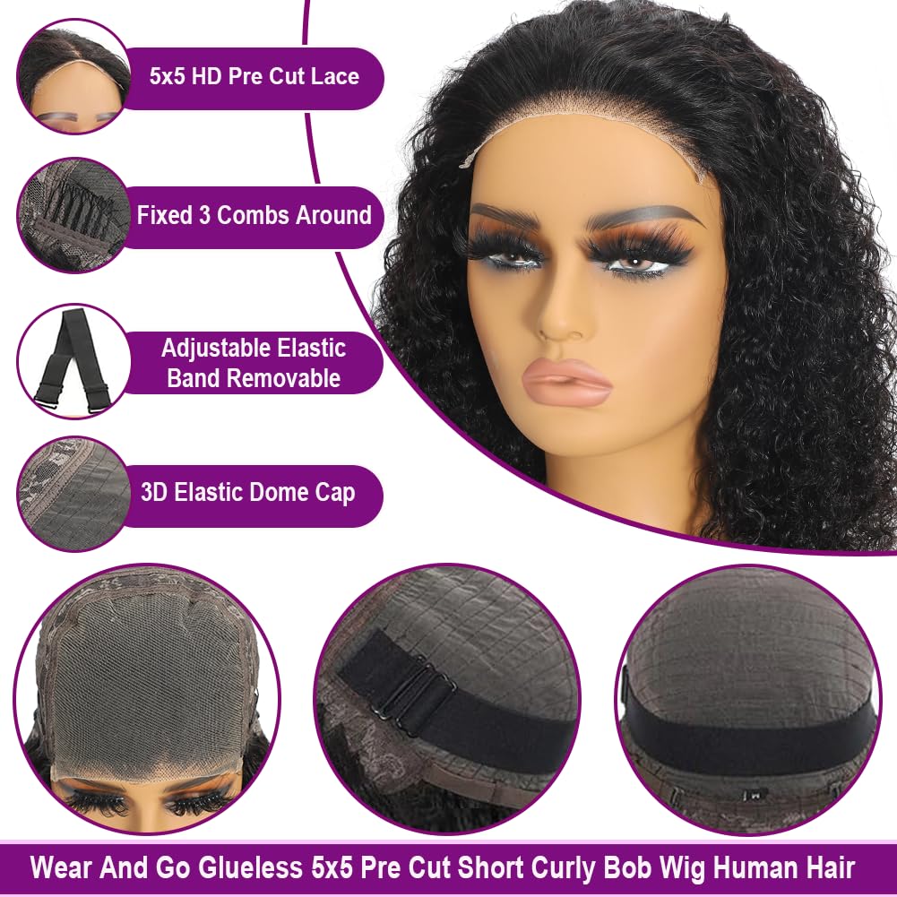 12 Inch 180 Density CurlyBob Wig, 5x5 HD WearAnd Go Glueless DeepWave Human Hair forBlack Women