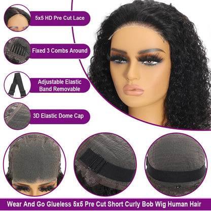 12 Inch 180 Density CurlyBob Wig, 5x5 HD WearAnd Go Glueless DeepWave Human Hair forBlack Women