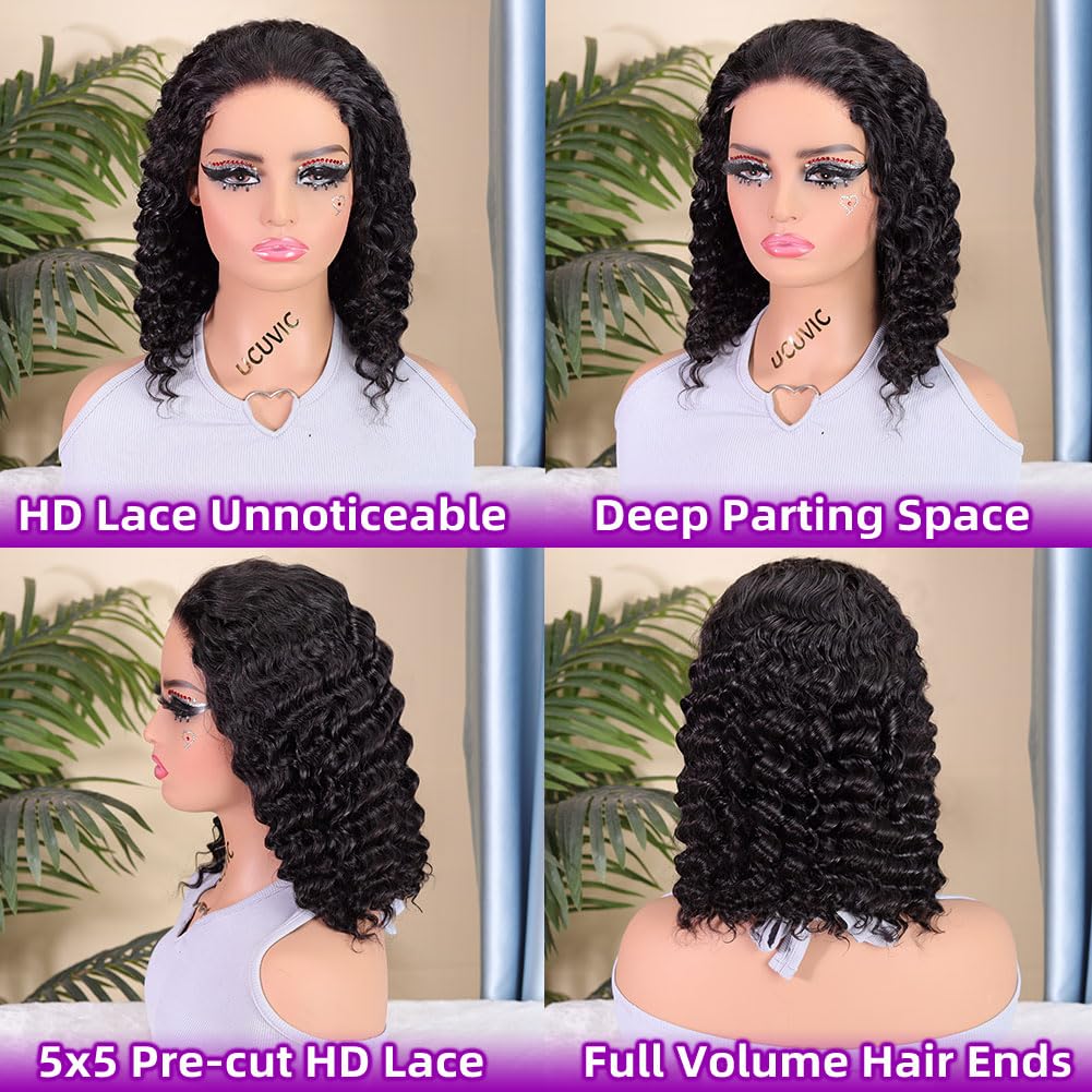 12 Inch Curly Bob Wig 5x5Wear And Go GluelessDeep Wave Human Hair200 Density for BlackWomen
