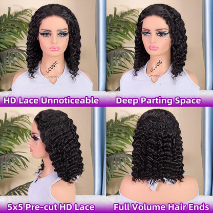 12 Inch Curly Bob Wig 5x5Wear And Go GluelessDeep Wave Human Hair200 Density for BlackWomen