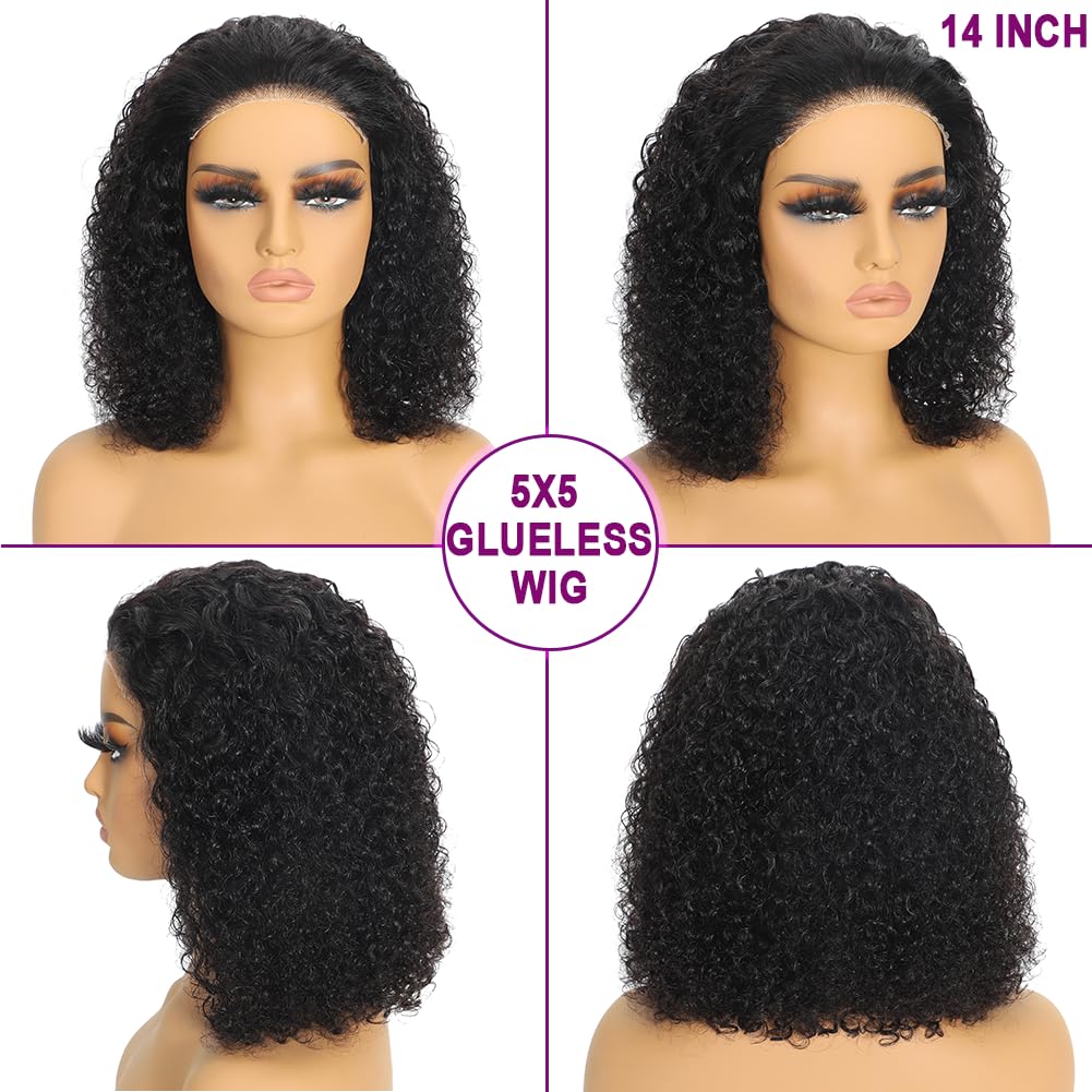 12 Inch 180 Density CurlyBob Wig, 5x5 HD WearAnd Go Glueless DeepWave Human Hair forBlack Women