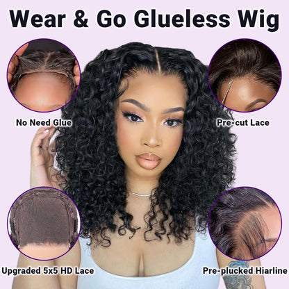 12 Inch Curly Bob Wig 5x5Wear And Go GluelessDeep Wave Human Hair200 Density for BlackWomen