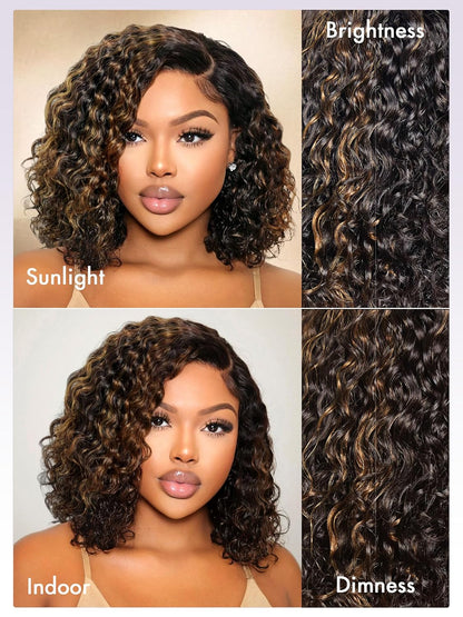 10" Curly Bob Wig, Glue Required, HD Lace, Black Blonde Highlights
